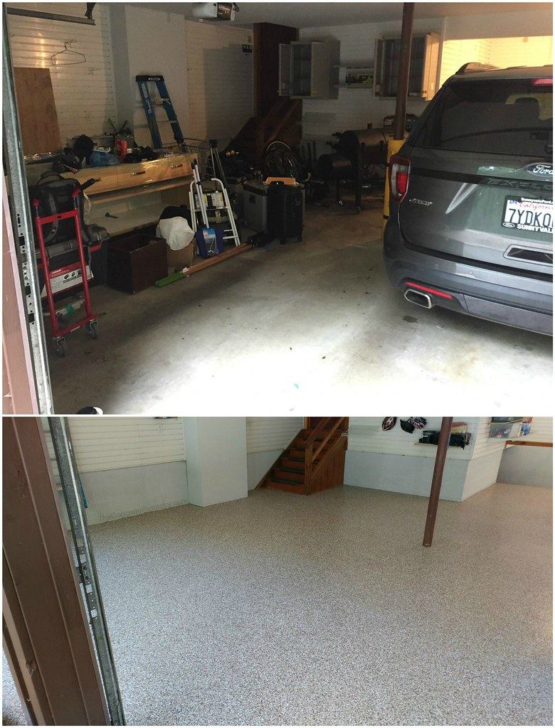 Garage floor shown before and after an epoxy coating